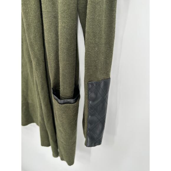 Market & Spruce Green Lightweight Faux Leather Trim Open Front Cardigan Womens M - Picture 4 of 9